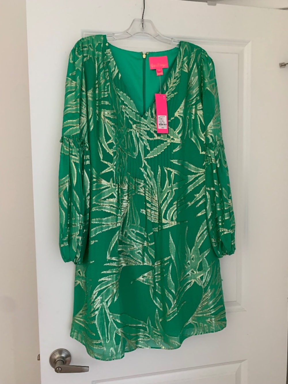 Lilly P green, gold palm dress, long sleeves